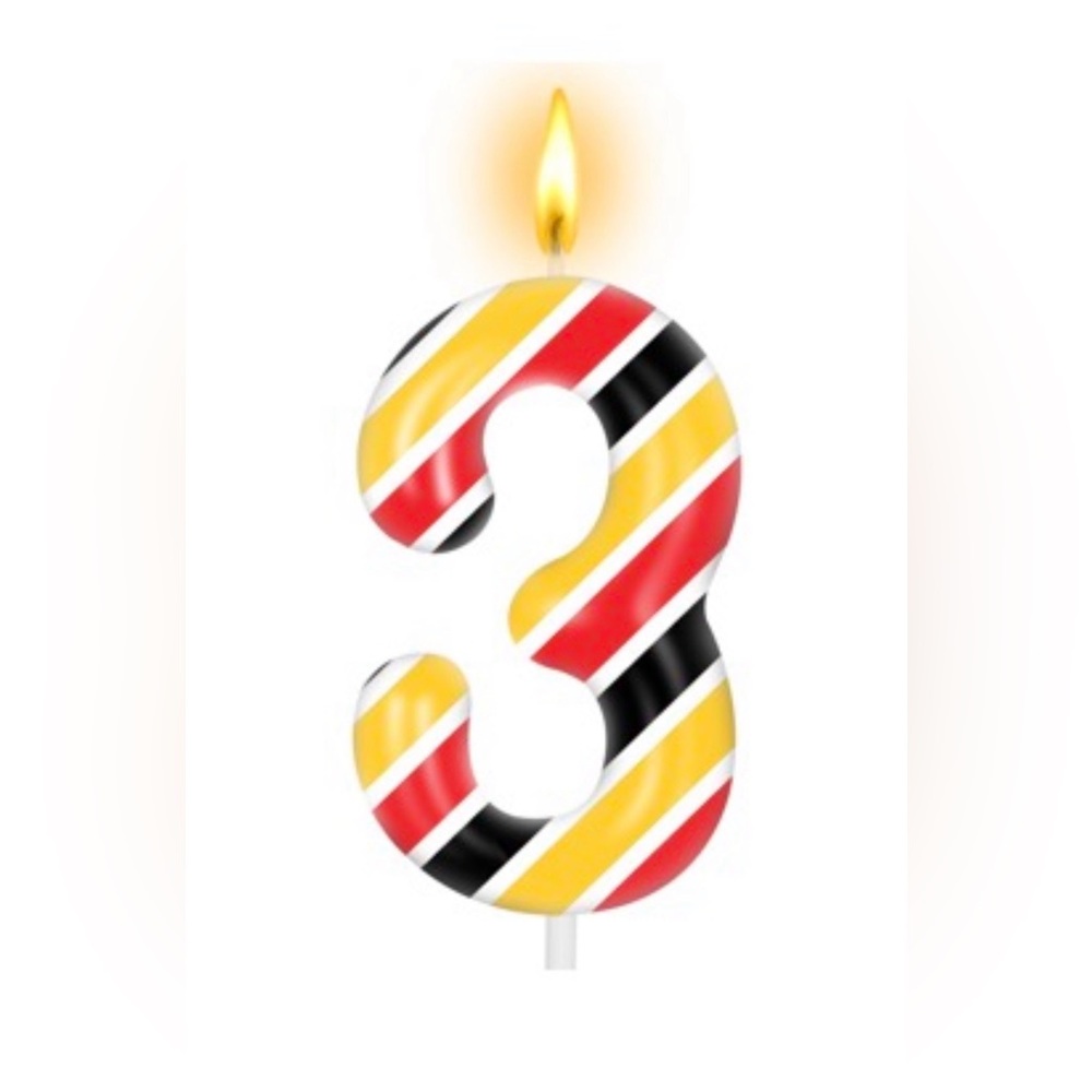 Striped Number 3 Birthday Party Candle Cake Topper - Red, Yellow, and Black - Picture 10 of 11